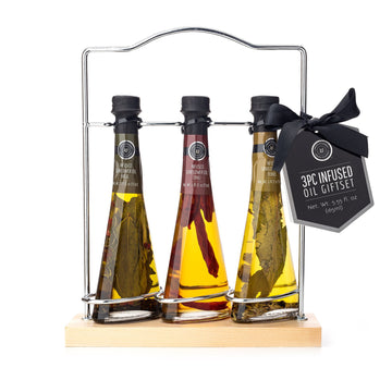 3 Piece Infused Oil Set with Wooden Base and Metal Handle