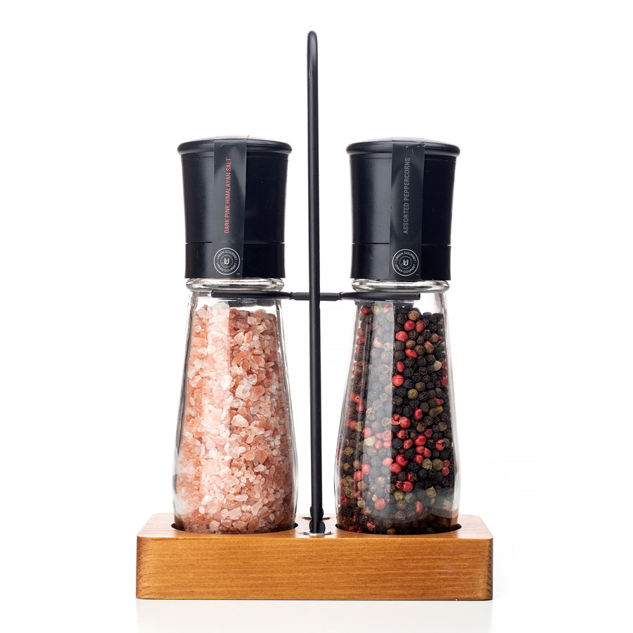 THE KIER  Salt & Pepper Grinder Set on Wood Base, 7