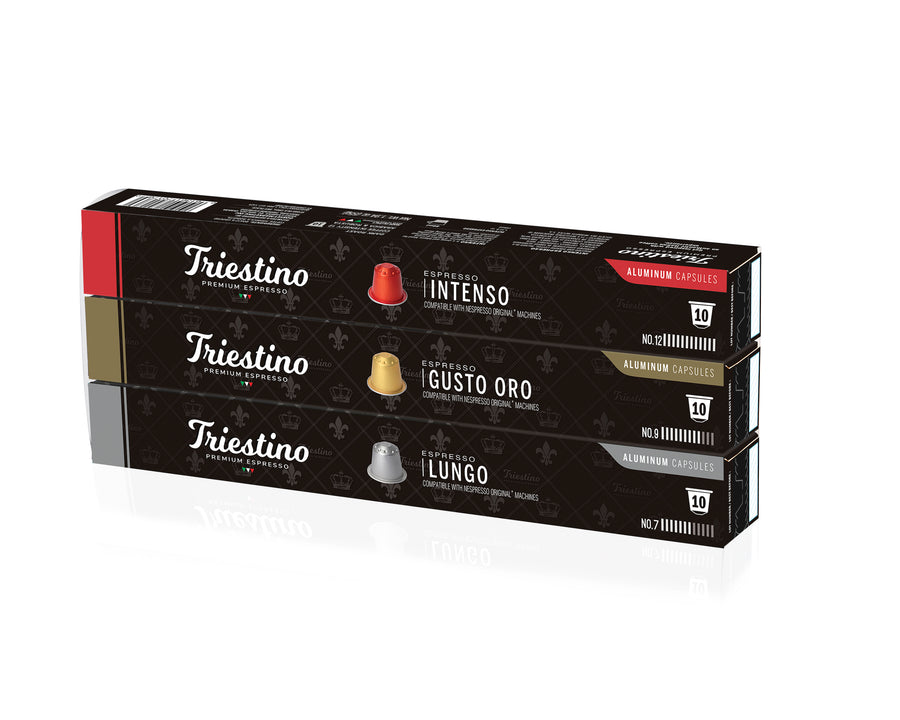 TRIESTINO TRIO PACK (Intenso+Gusto Oro+Lungo)  Aluminum Coffee Capsules