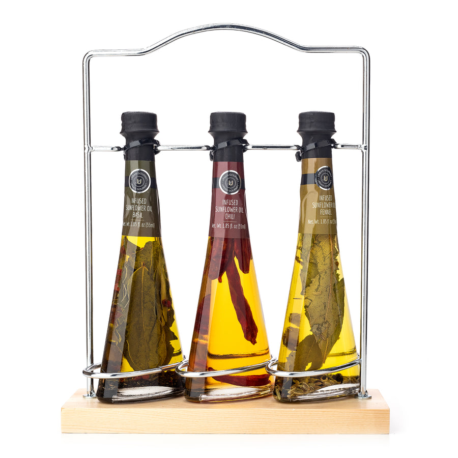 3 Piece Infused Oil Set with Wooden Base and Metal Handle