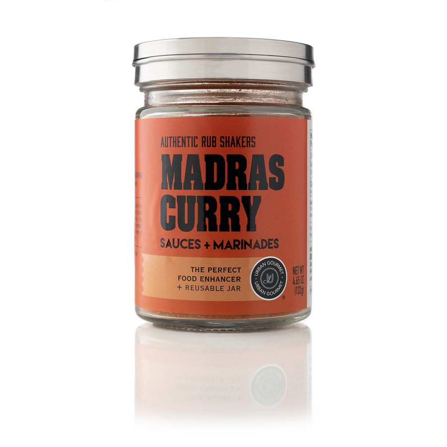 THE AUTHENTIC RUB SHAKERS MADRAS CURRY GLASS SPICE RUBS WITH STAINLESS STEEL TOP SHAKER